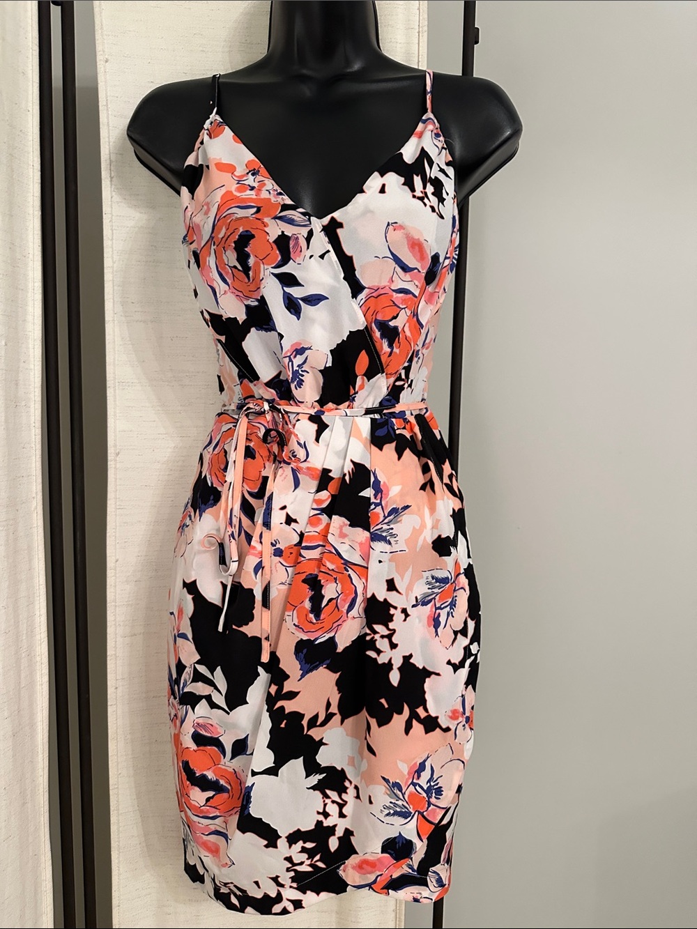 Yumi Kim Pink Black V-Cut Tie Floral Print Spaghetti Strap Mini Dress XS